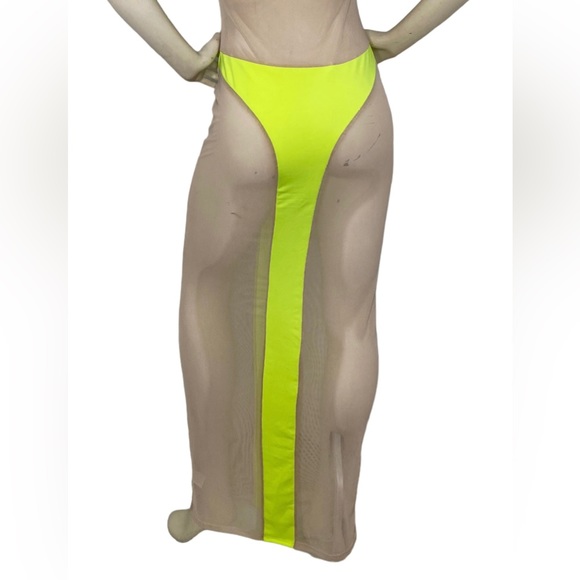 C.BRIDGETT Sexy Neon Yellow & Nude Sheer Mesh Color Block Halter Dress Cover Up - Picture 14 of 14